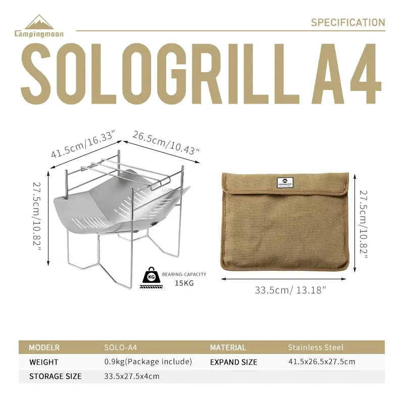 Solo-A4 stainless steel portable folding BBQ grill by CampingMoon with carry bag (2 items)