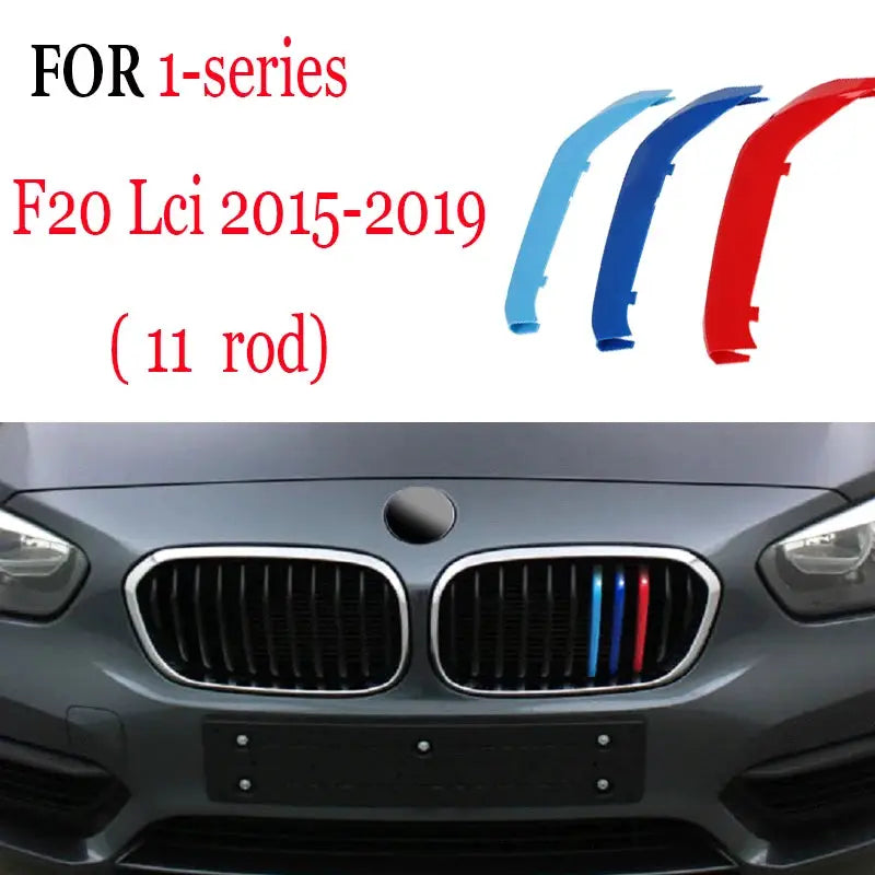 3-piece BMW front grille trim strips in blue, light blue and red by Simples Market