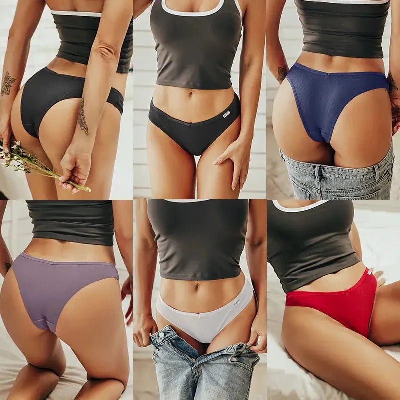 Simples Market 6-piece cotton panties set in assorted colors for women; briefs, thong and bikini styles.