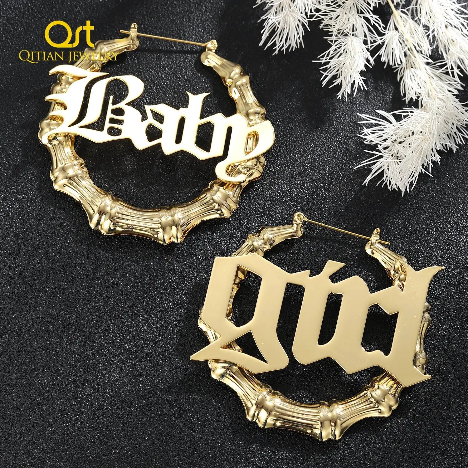 Gold-tone bamboo hoop earrings with custom name lettering, two pieces, Qitian Jewelry