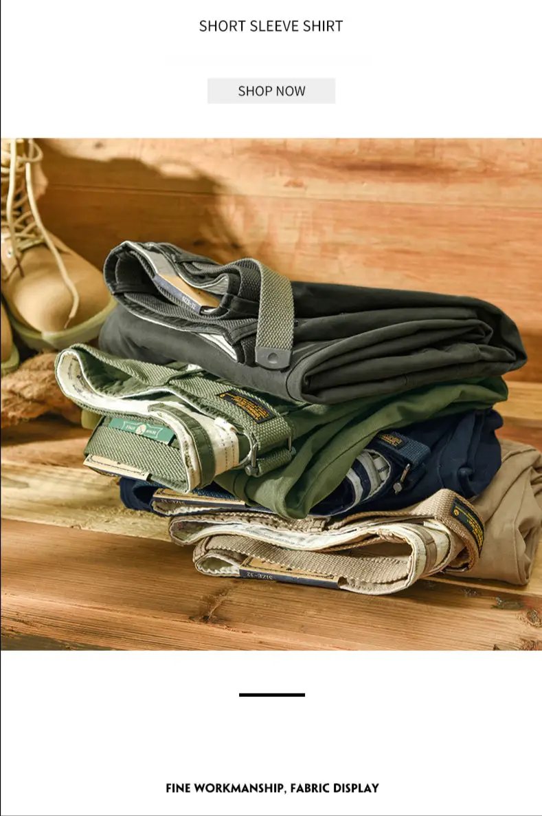 Simples Market men's pure cotton cargo pants with belts, several pairs in olive, beige, and navy.