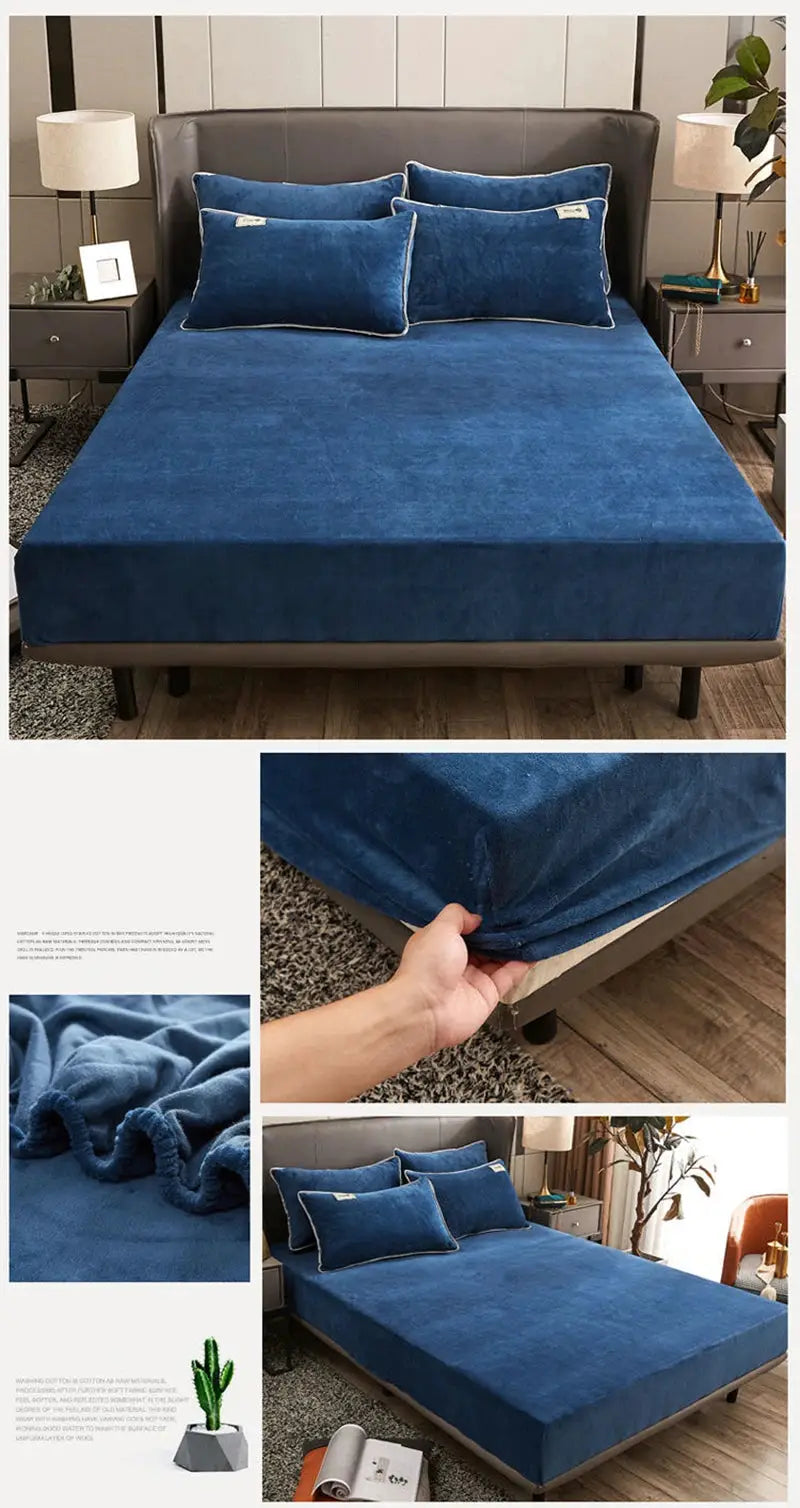 AISIRUI blue plush velvet fitted sheet with elastic corners for double bed by Simples Market, includes 3 matching cushions