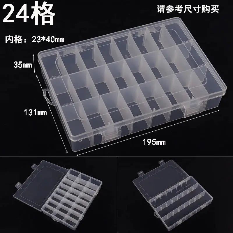 24-slot transparent plastic storage box for jewelry and small parts with snap lid