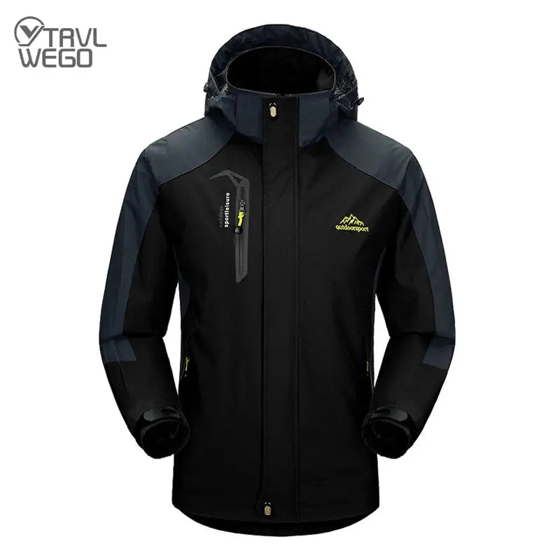 TRVLWEGO camping hiking jacket for men, black waterproof with navy shoulder panels and hood