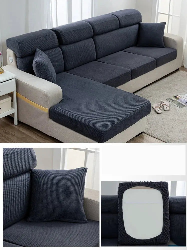 Sofa seat cover Simples Market in dark navy cushions with light beige base and left chaise.