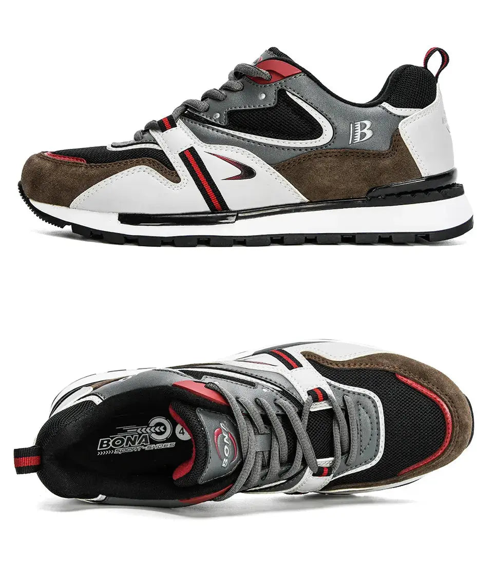 Pair of BONA New Designers action leather sport sneakers in white, black, grey with brown suede accents