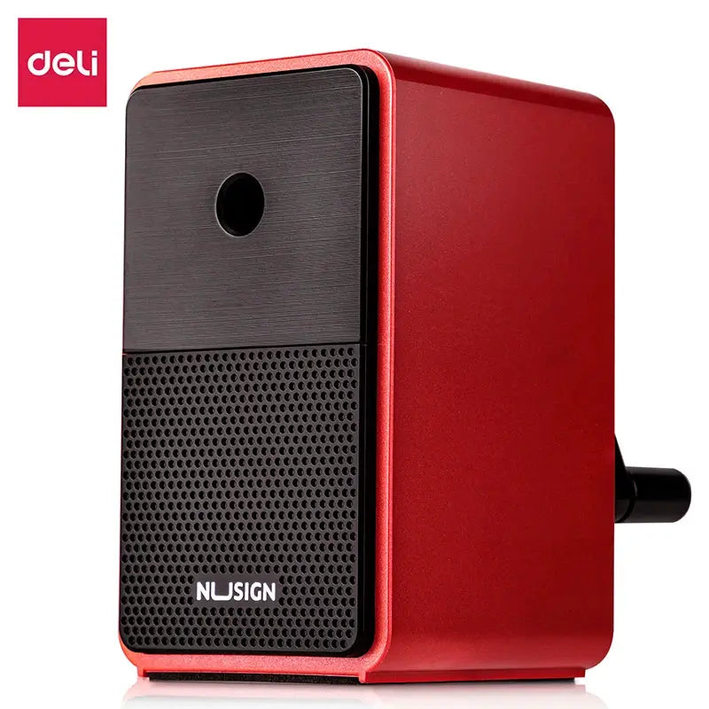 Deli pencil sharpener with hand crank, red metal body and black perforated front panel