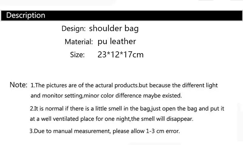 Shoulder bag for women, PU leather messenger style, 23x12x17cm.