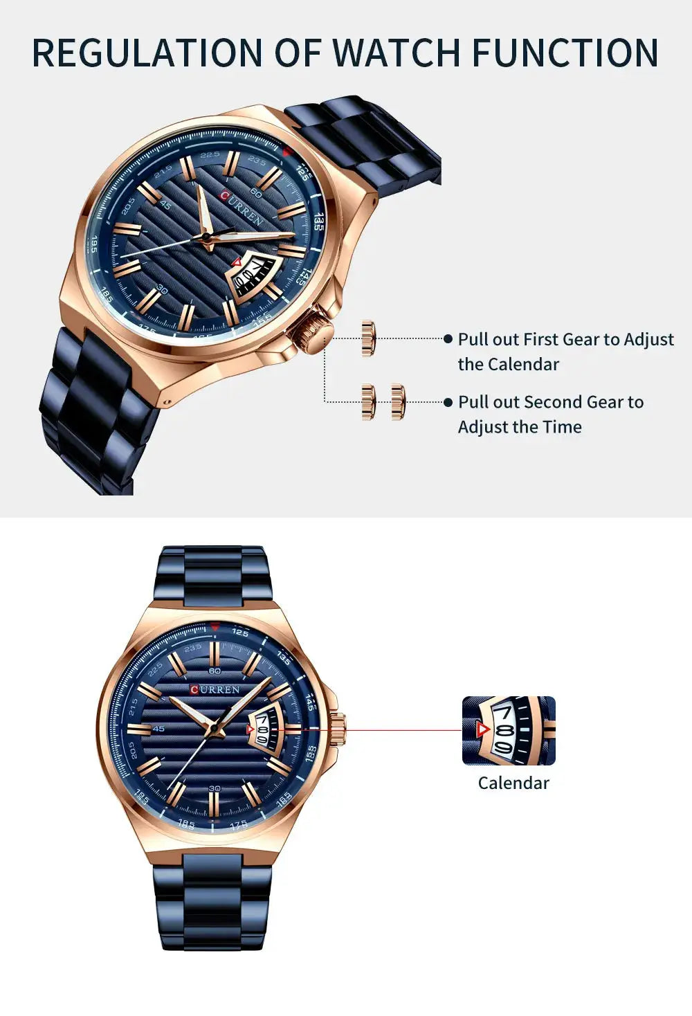 CURREN men's luxury wristwatch with blue dial, rose-gold case and blue stainless steel band with calendar