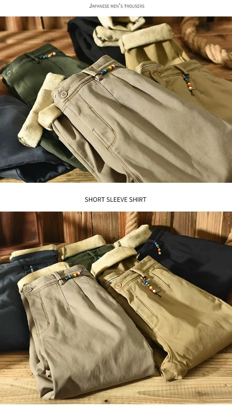 HIQOR 2025 men's winter pants; cotton solid colors in khaki, army green, tan and black, loose safari-style work pants