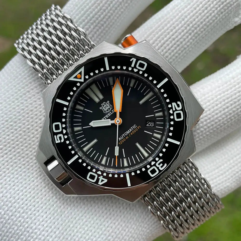 Steeldive Proplof SD1969 V3 dive watch; black dial, orange accents, 56mm oversize, stainless steel mesh bracelet
