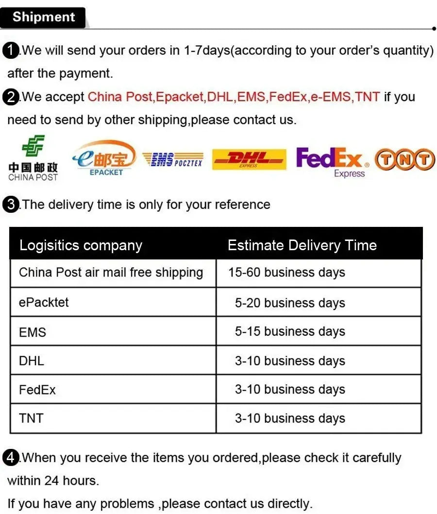Shipping policy infographic showing courier logos (China Post, ePacket, DHL, FedEx, TNT) and a delivery-time table.