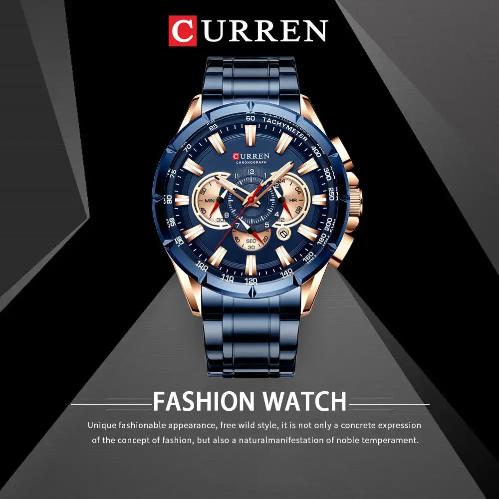 Curren men's chronograph watch with blue stainless-steel band, large blue dial and luminous hands.