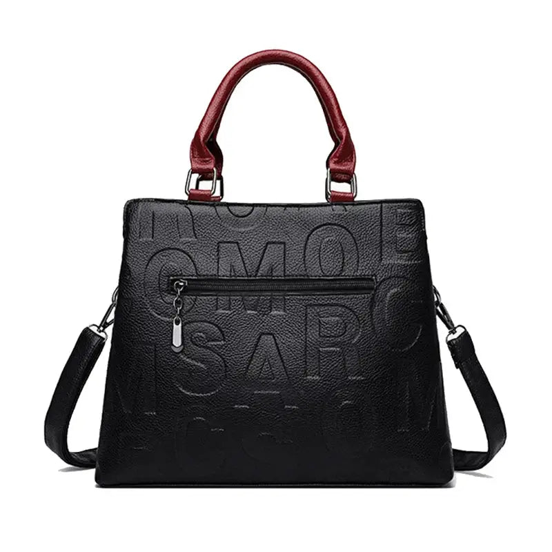 PU leather crossbody bag for women, black with embossed letters and red top handles