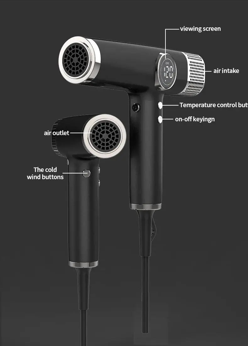 110000 RPM high-speed brushless negative-ionic hair dryer by Simples Market with digital display and dual nozzles, black