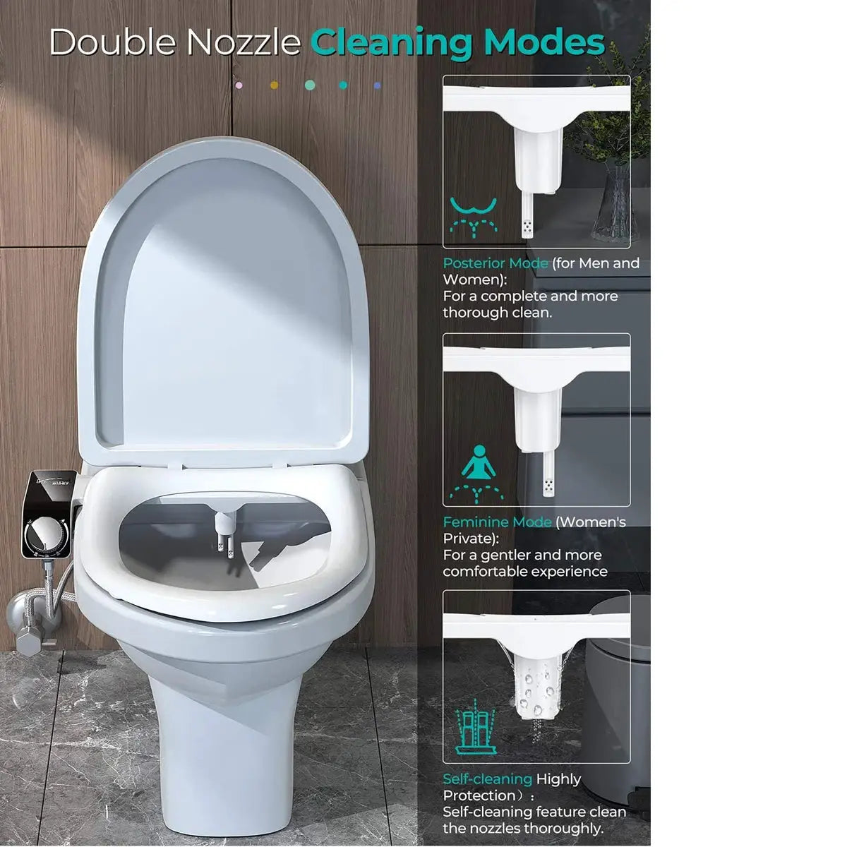 Bidet toilet seat attachment by Simples Market; non-electric, dual nozzles, self-cleaning with hot/cold water mixer.
