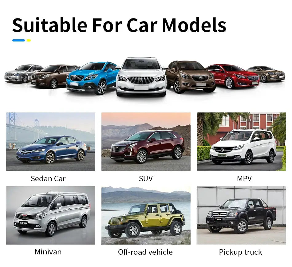 Car TPMS compatibility banner with six vehicle types: sedan, SUV, MPV, minivan, off-road, and pickup