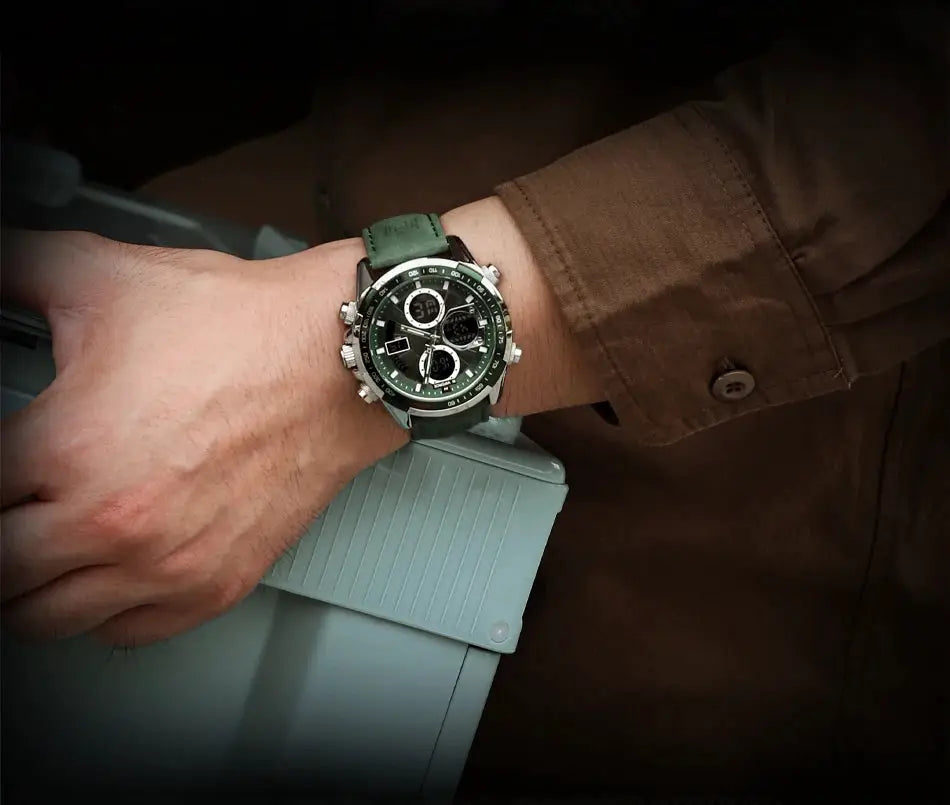 Naviforce men's military-style chronograph watch with green strap and stainless steel case