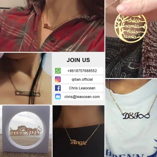 Custom name jewelry collage: gold-tone name necklaces and twist hoop earrings, personalized pieces (Simples Market)