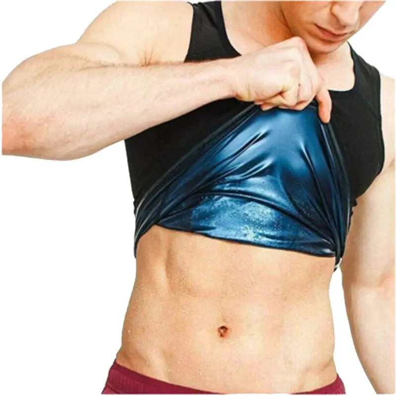 Men's neoprene sauna vest waist trainer; black outer with blue metallic inner layer on model
