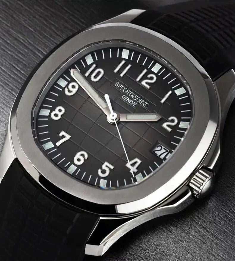 Specht&Sohne automatic sports watch with black dial, stainless steel case, black rubber strap, date window