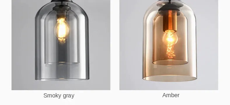 Two LED pendant lamps by Simples Market; smoky gray and amber glass hanging lights with E27 suspension