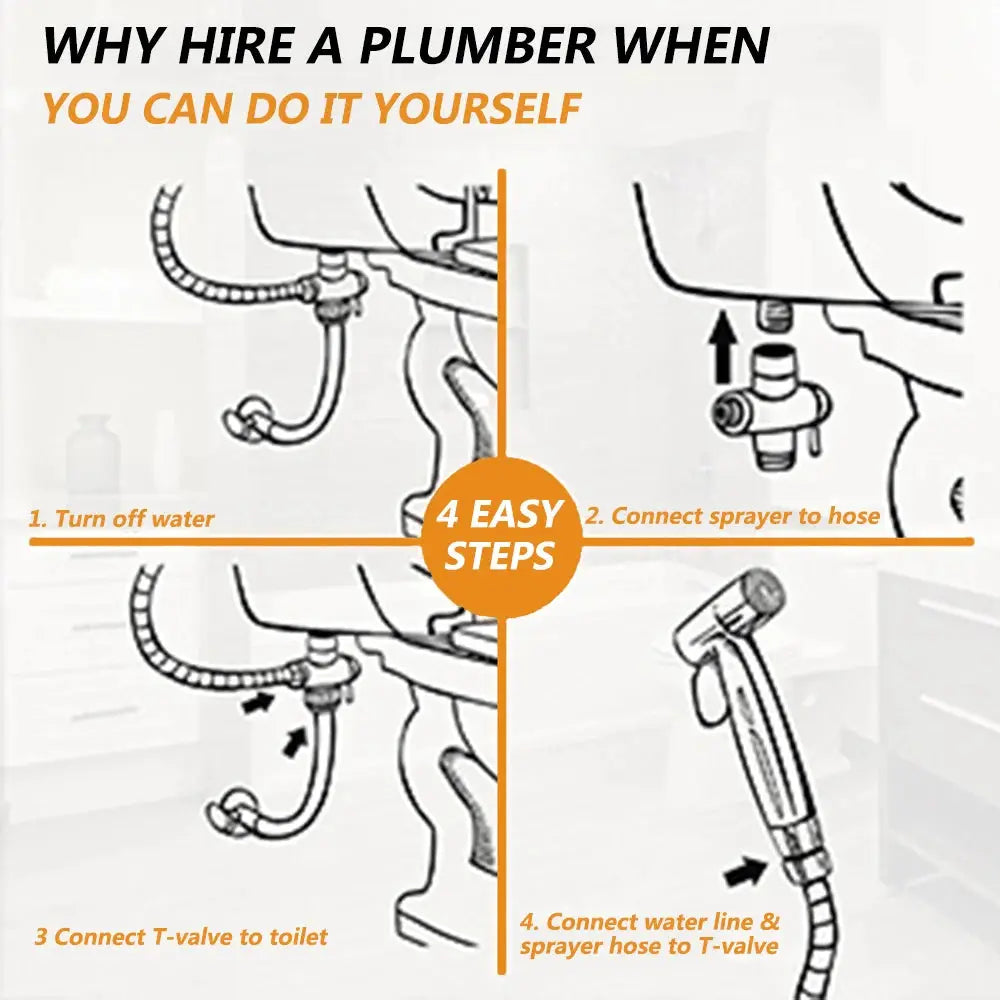 Toilet bidet handheld sprayer set in black with stainless steel hose; four-step installation infographic
