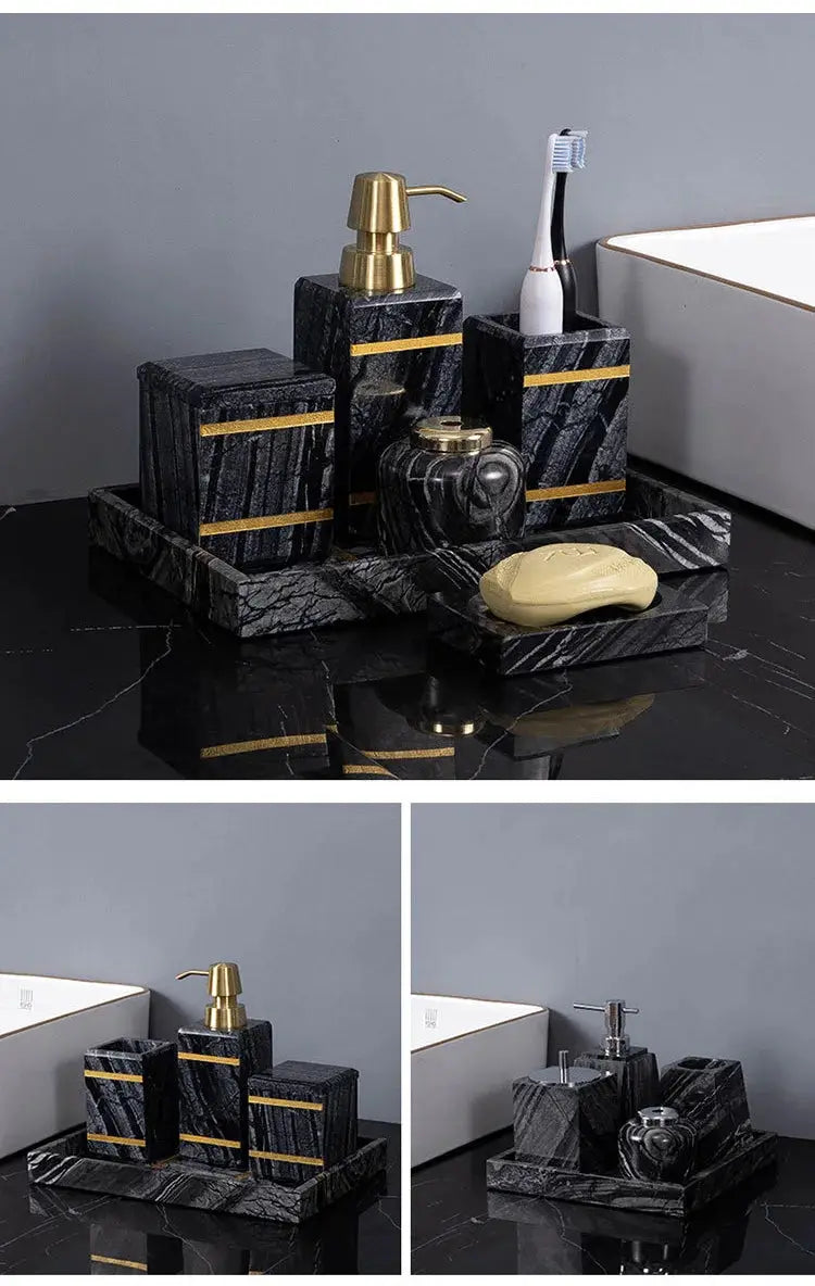 Black marble bathroom set of 4 with gold trim; dispenser, toothbrush holder, jar, and soap dish on tray.