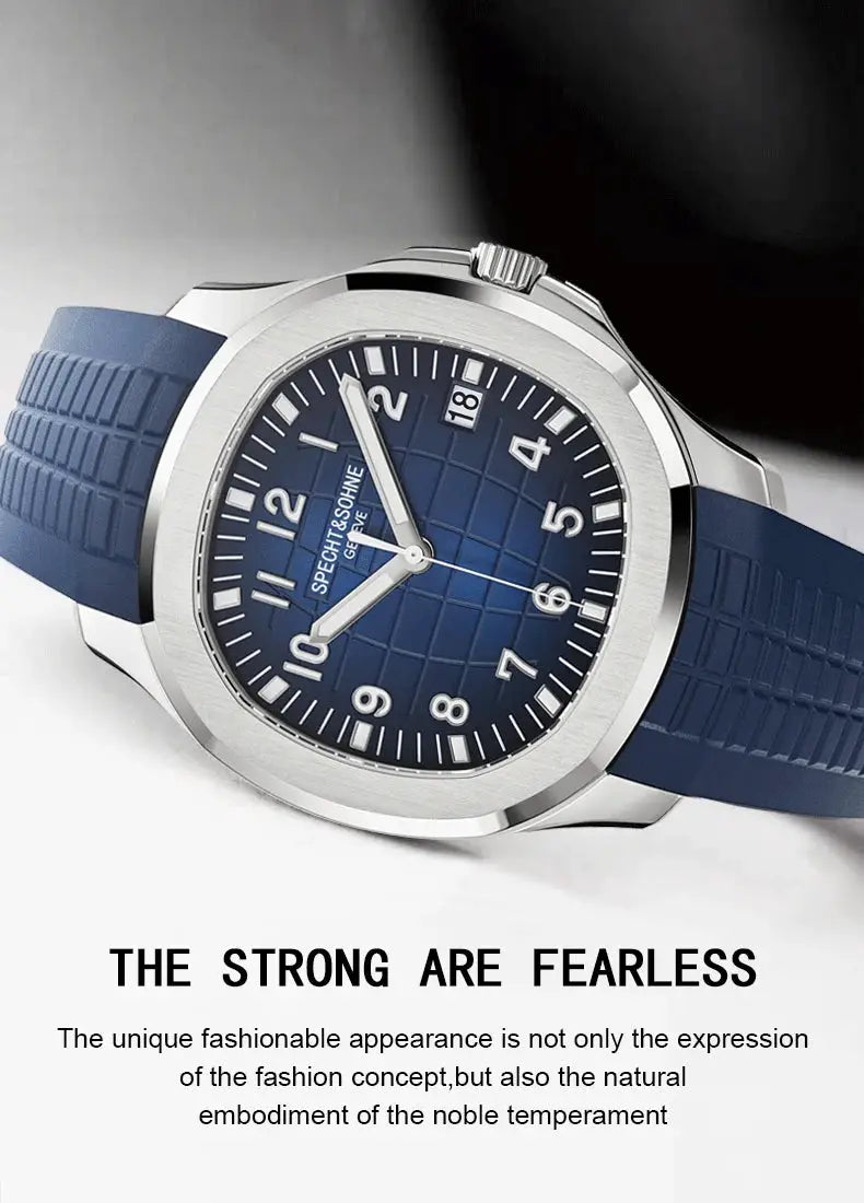 Specht&Sohne automatic sports watch with blue dial, date at 3, stainless steel bezel, blue rubber strap