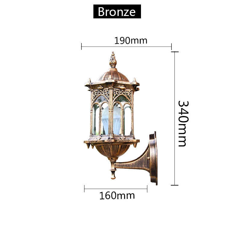 Simples Market bronze retro outdoor wall lamp with glass panels, E27 socket, rust-resistant metal.