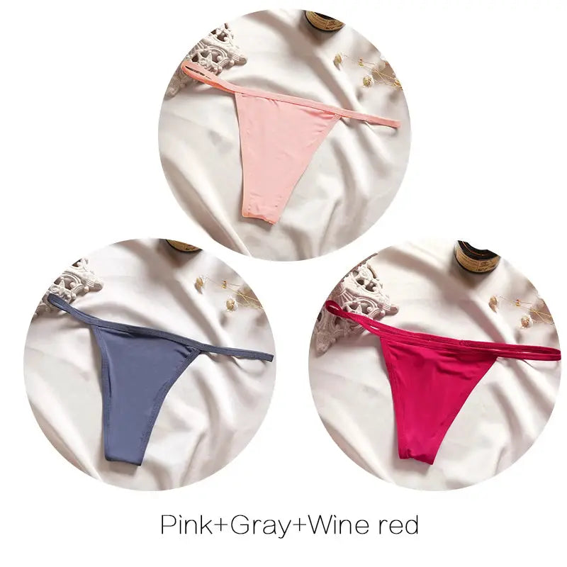 FINETOO 3-piece low-rise thong panty set for women in pink, gray and wine red