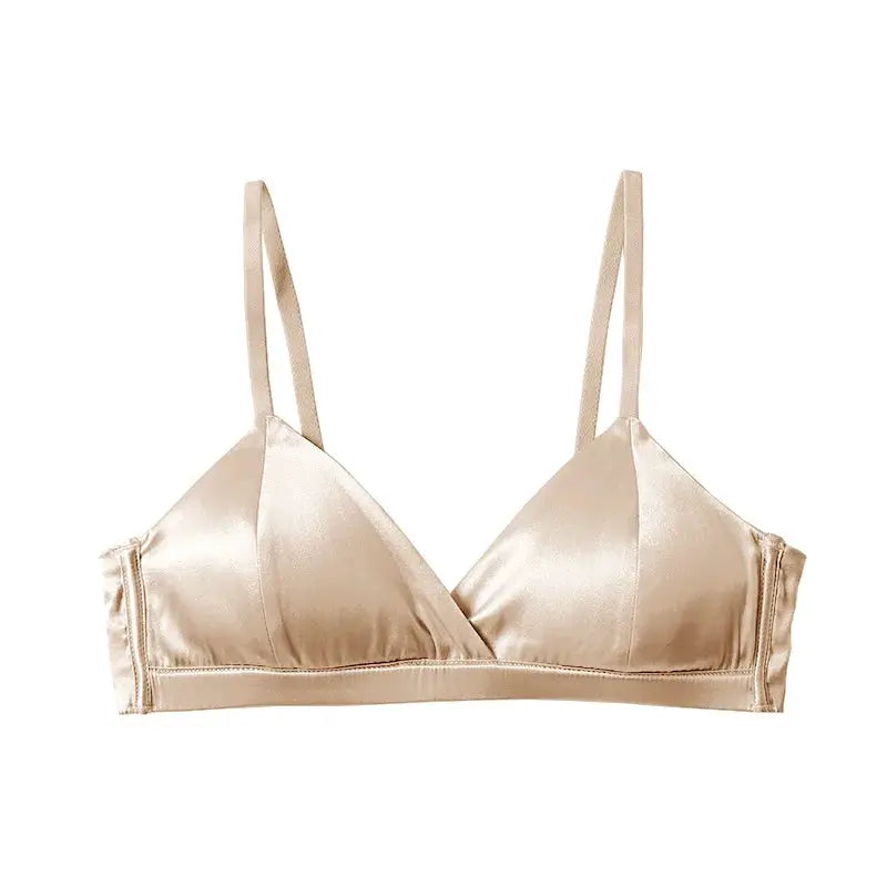 Silk wire-free bralette with triangle satin cups in champagne nude color