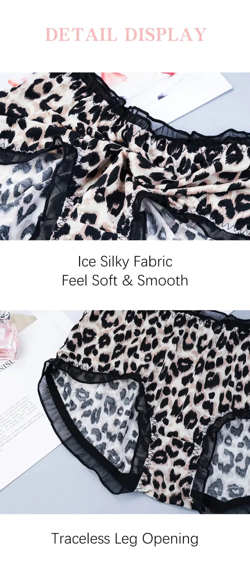 Simples Market leopard print mid-waist panties with black lace trim and sheer mesh accents