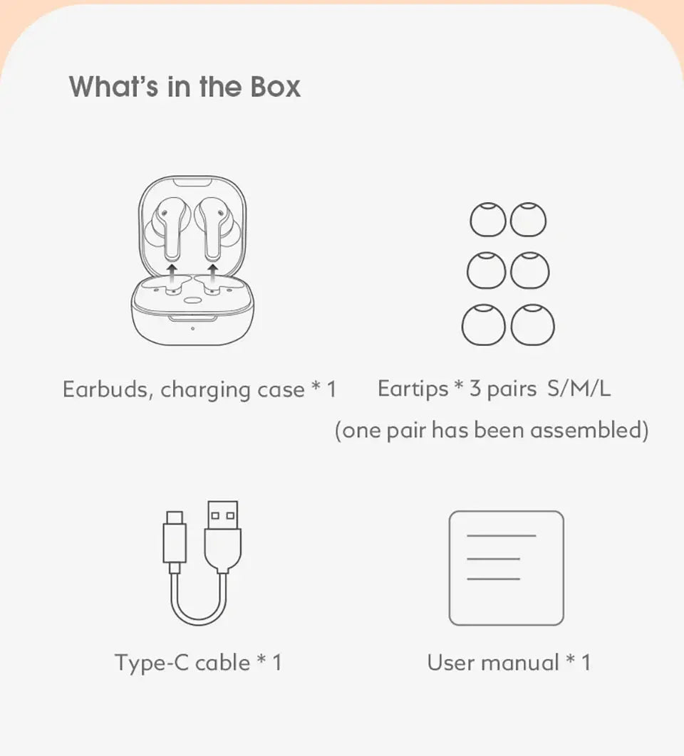 QCY T13 wireless earbuds in charging case with three ear-tip sizes, USB-C cable, and user manual
