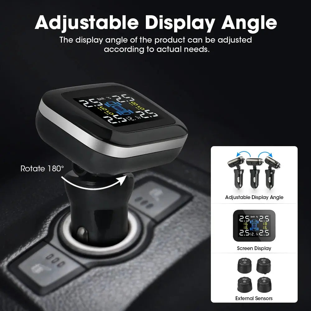 Car TPMS cigarette lighter display unit by Simples Market; wireless USB digital tire pressure monitor with 4 external/internal sensors