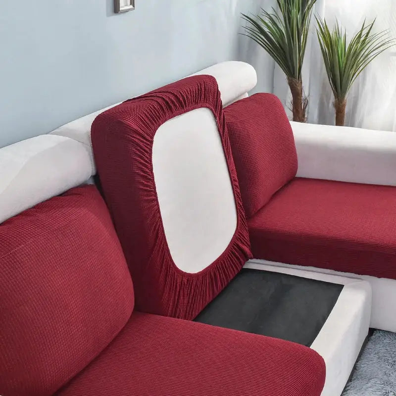 Sofa seat cushion cover by Simples Market in red; stretchy, washable, removable slipcover for sofas