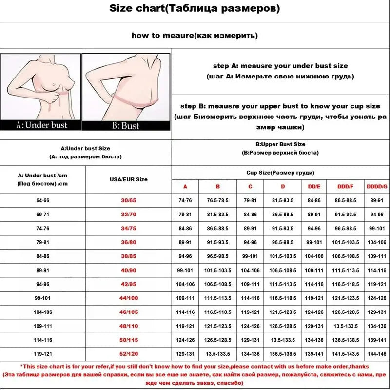 Simples Market lace bra size chart with under-bust and bust measurements and cup-size table.