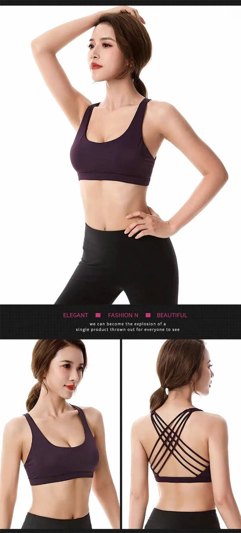 Purple sports bra for women, Simples Market cross-back push-up design, front and back views (set of 3)