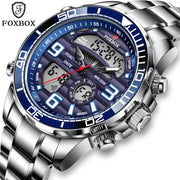 Foxbox stainless steel men's digital-analog sport watch with blue bezel and 30M water resistance