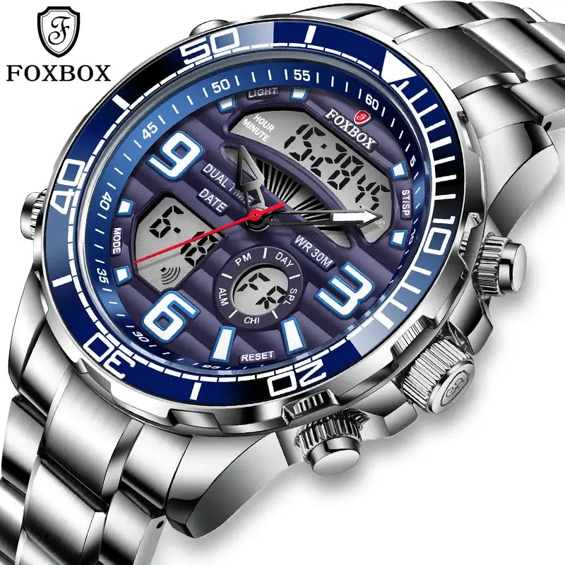 Foxbox stainless steel men's digital-analog sport watch with blue bezel and 30M water resistance