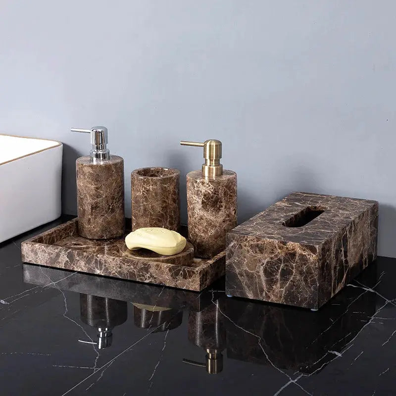 Emperador Dark marble bathroom set with toothbrush holder, soap dispenser and soap dish on brown tray