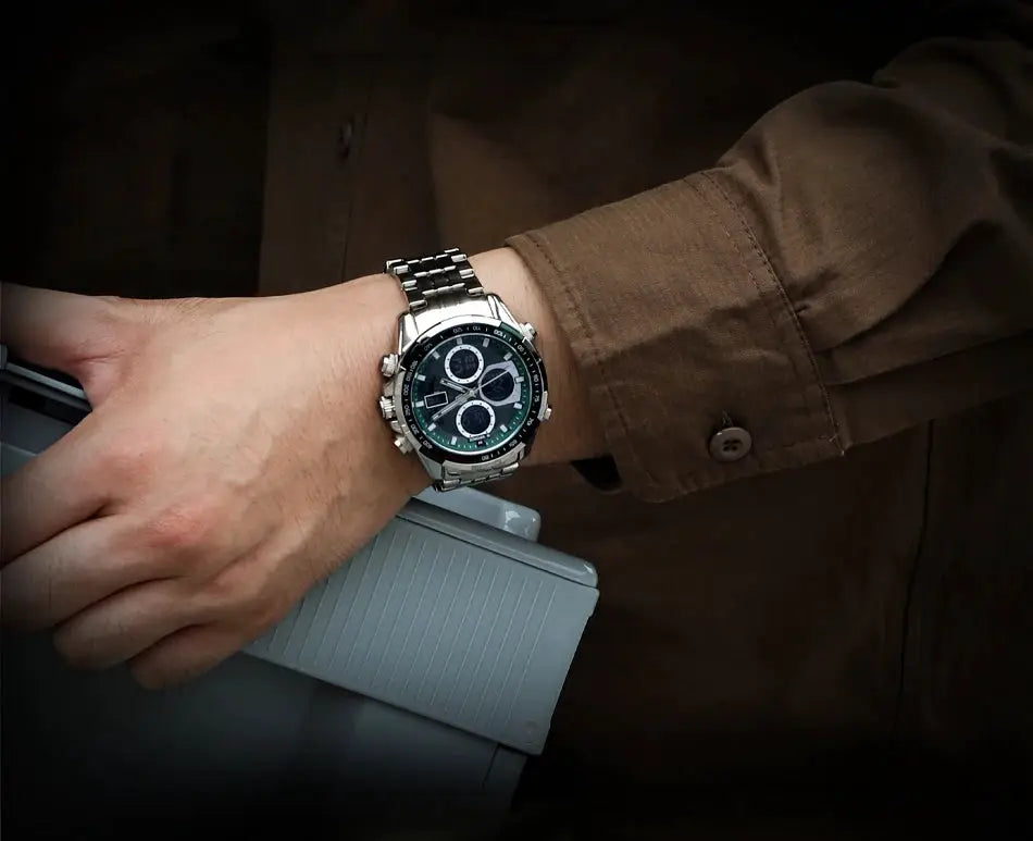 NAVIFORCE men's stainless steel chronograph wristwatch with black dial and silver bracelet, three subdials