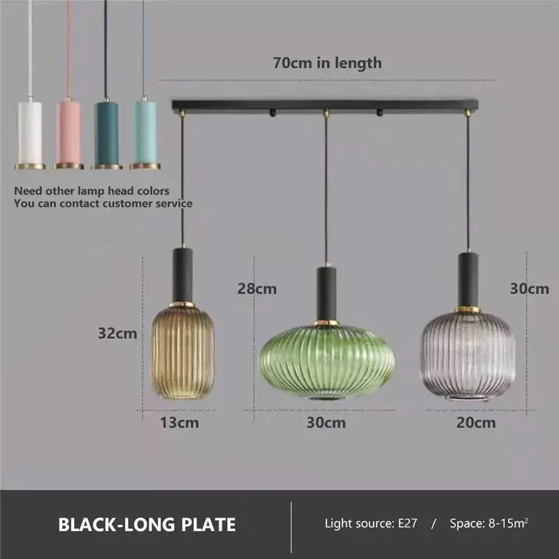 Glass pendant lights by Simples Market, set of 3 in amber, green and gray ribbed shades for living room loft lighting