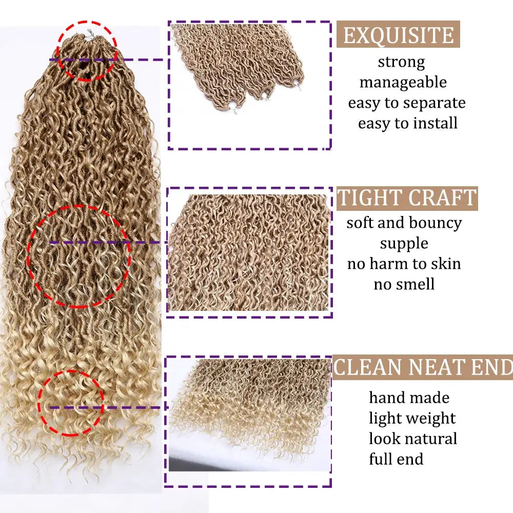 Synthetic Goddess Locs crochet hair extensions by Simples Market in black to brown ombre, long curly faux locs