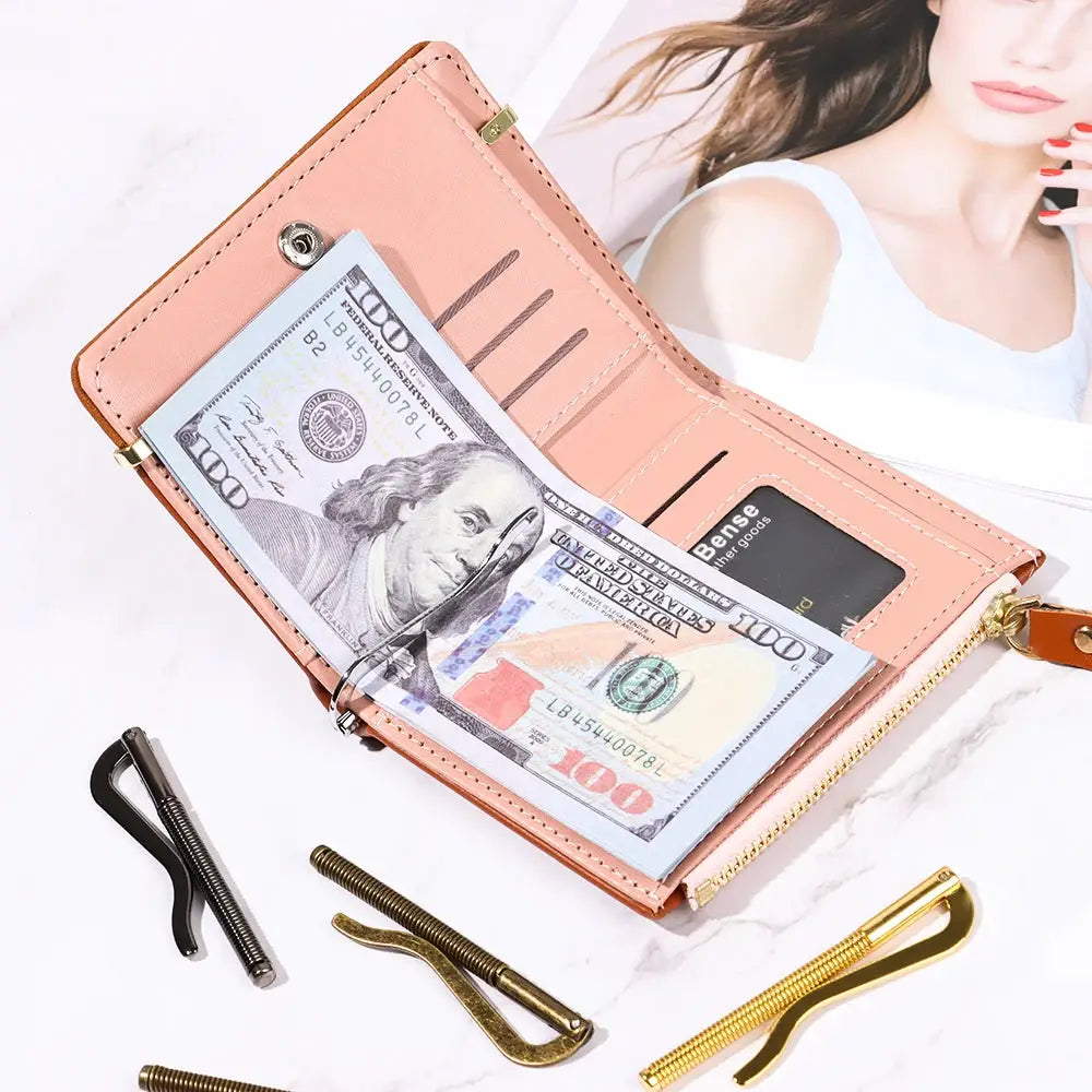 Simples Market pink metal bifold wallet with card slots, cash pocket, and gold zipper