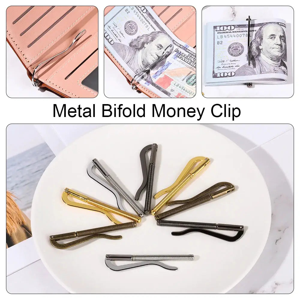Metal bifold money clips set in gold, silver, bronze, and black; durable spring clamps for cash