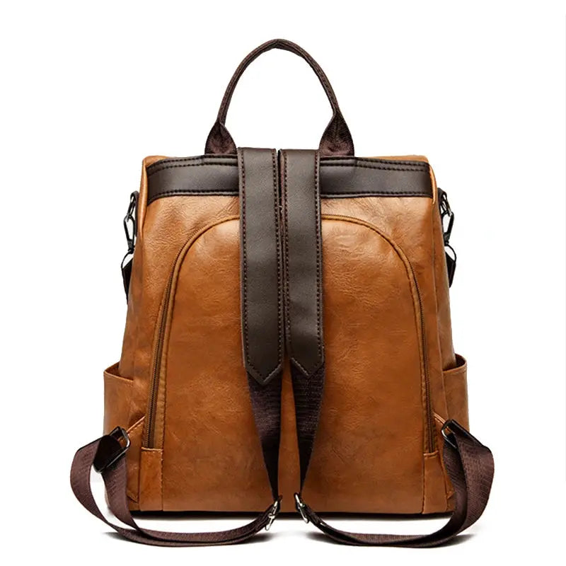 Women’s PU leather anti-theft backpack in brown with dark brown straps and large capacity