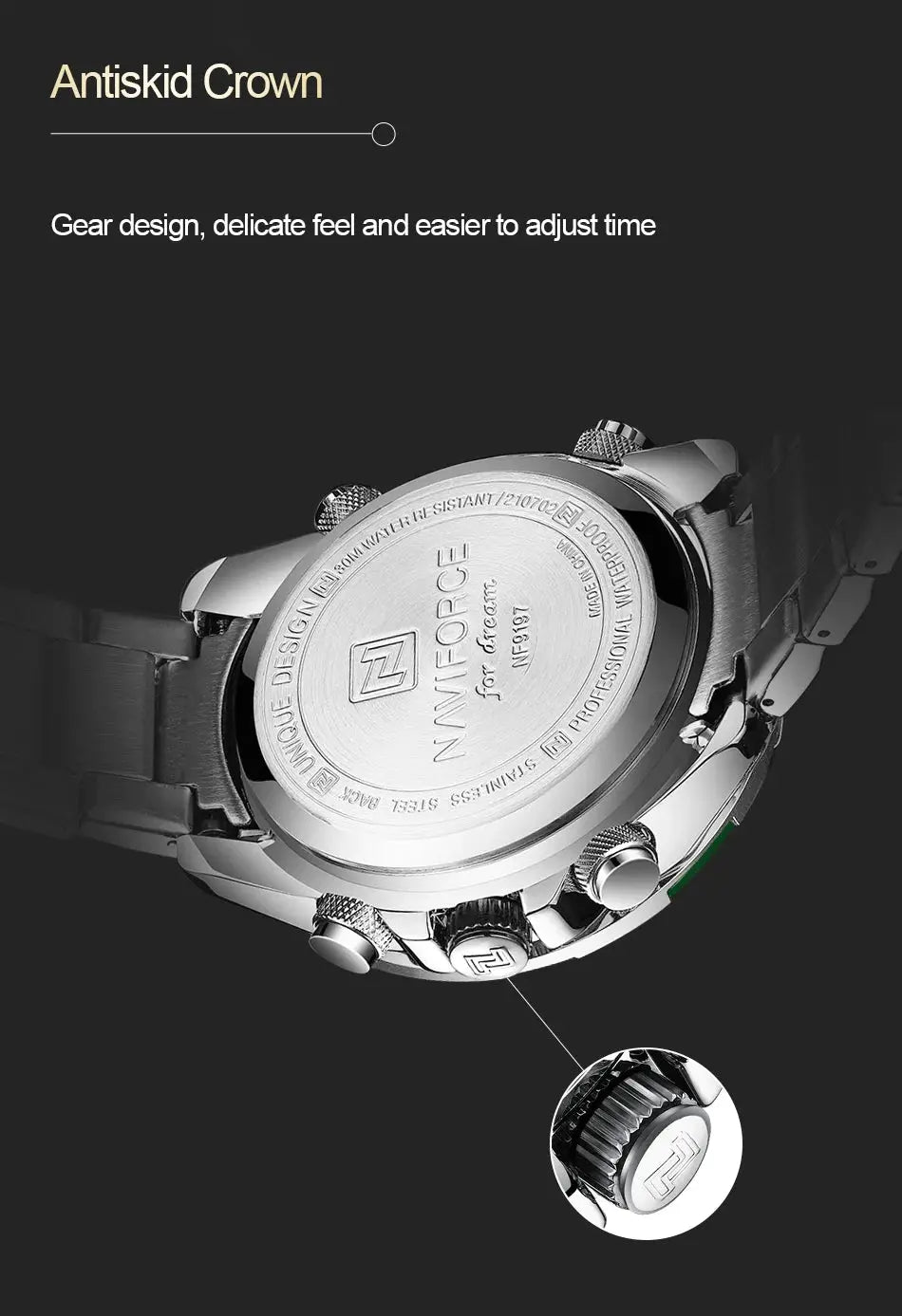 NAVIFORCE men's stainless steel wristwatch with waterproof case back and crown detail
