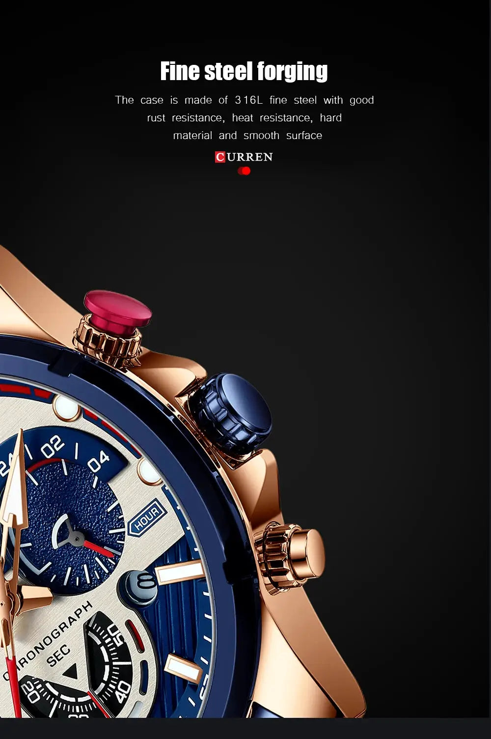 CURREN chronograph wristwatch with blue dial and rose-gold stainless steel case