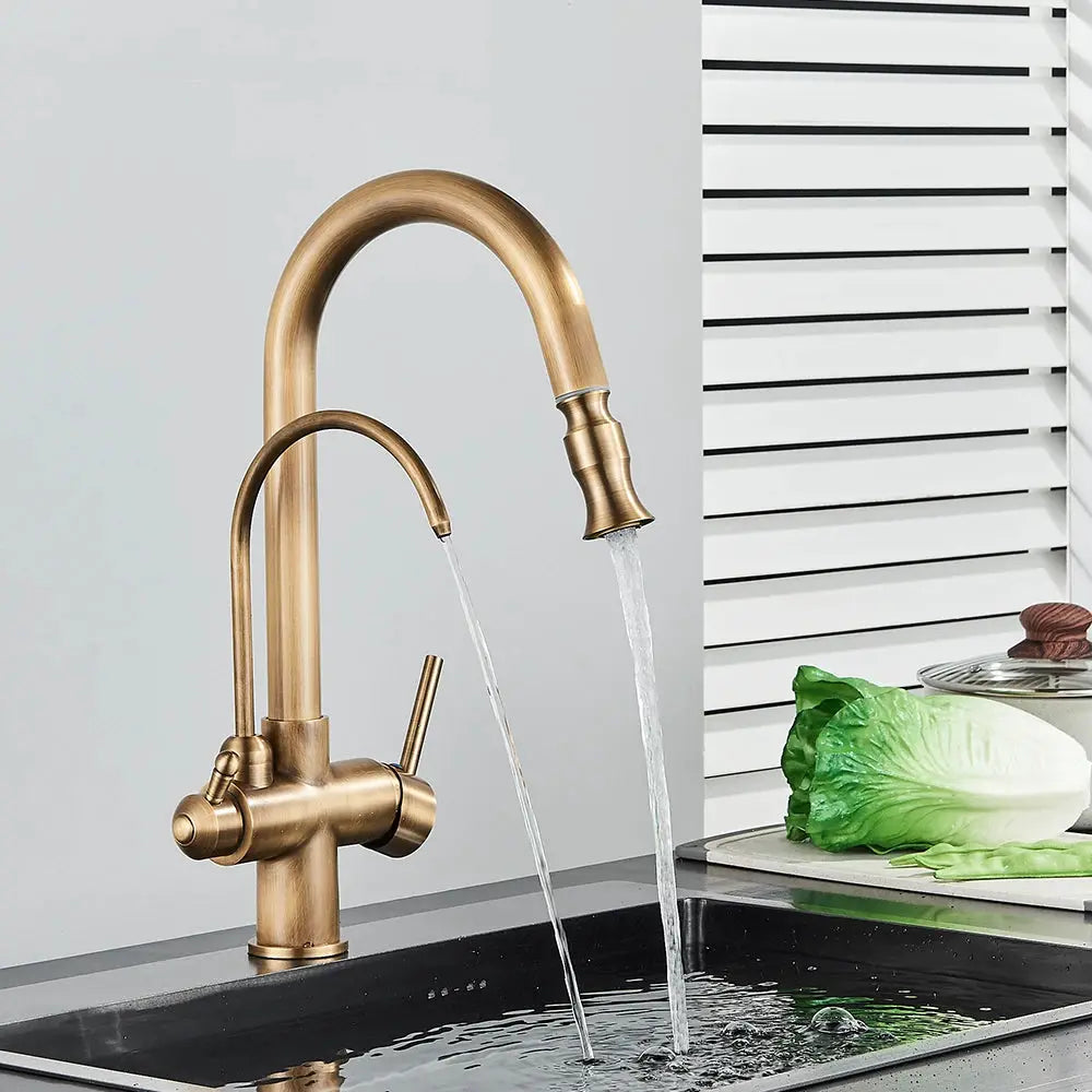 Simples Market Rozin antique brass kitchen faucet with pull-out spray and dual spouts